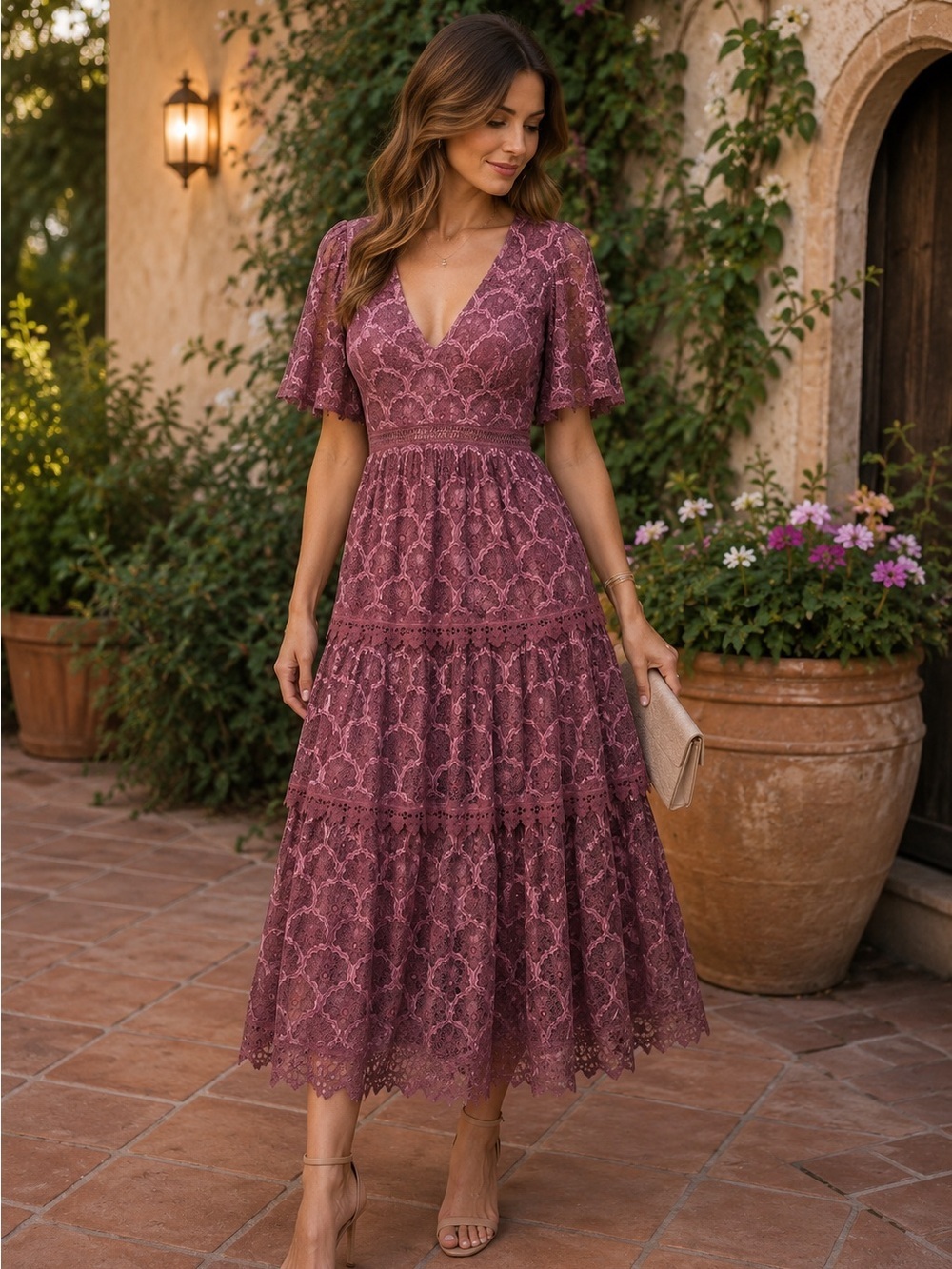 Just Me Lace Tiered Midi Dress SZ S Mauve Romantic Boho Cottagecore